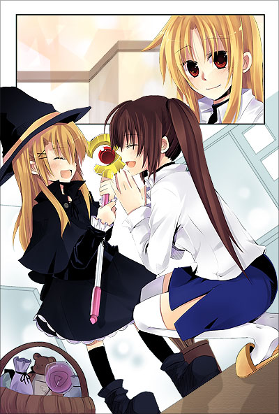 fate testarossa, takamachi nanoha, raising heart, and vivio (lyrical nanoha and 1 more) drawn by bocha_(gotipoke)