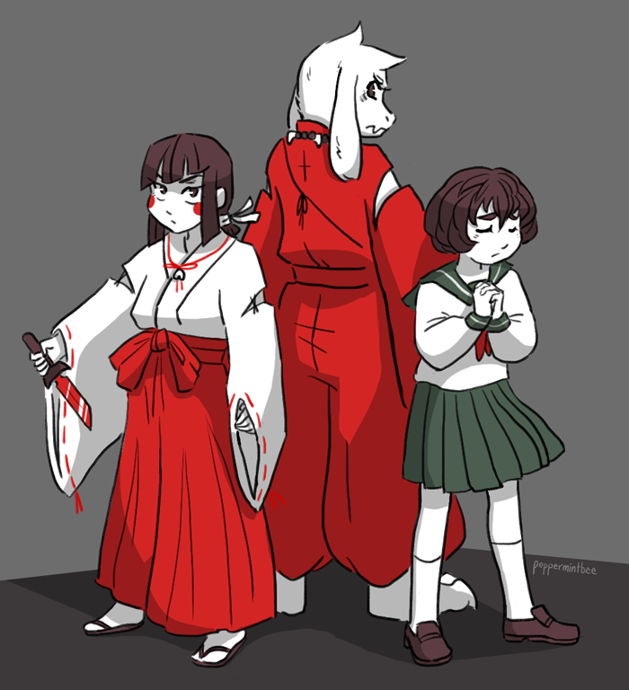 frisk, chara, inuyasha, higurashi kagome, asriel dreemurr, and 1 more (undertale and 1 more) drawn by peppermintbee