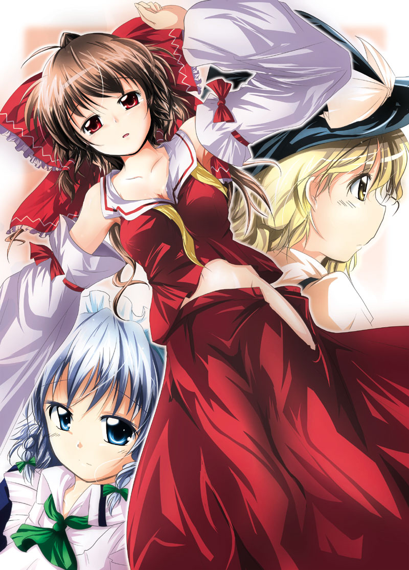 hakurei reimu, kirisame marisa, and izayoi sakuya (touhou) drawn by nanaume_(shichimi_tougarashi)