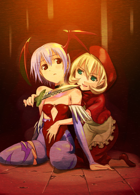 lilith and b.b. hood (darkstalkers) drawn by futari_no_ana and wadapen