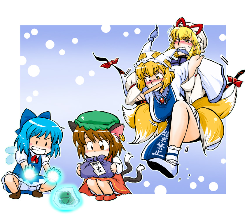 cirno, yakumo yukari, yakumo ran, and chen (touhou) drawn by azuki_osamitsu