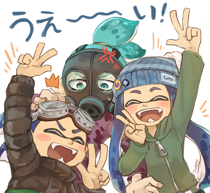 bobble-chan, goggle-kun, and mask-kun (splatoon) drawn by tona_bnkz
