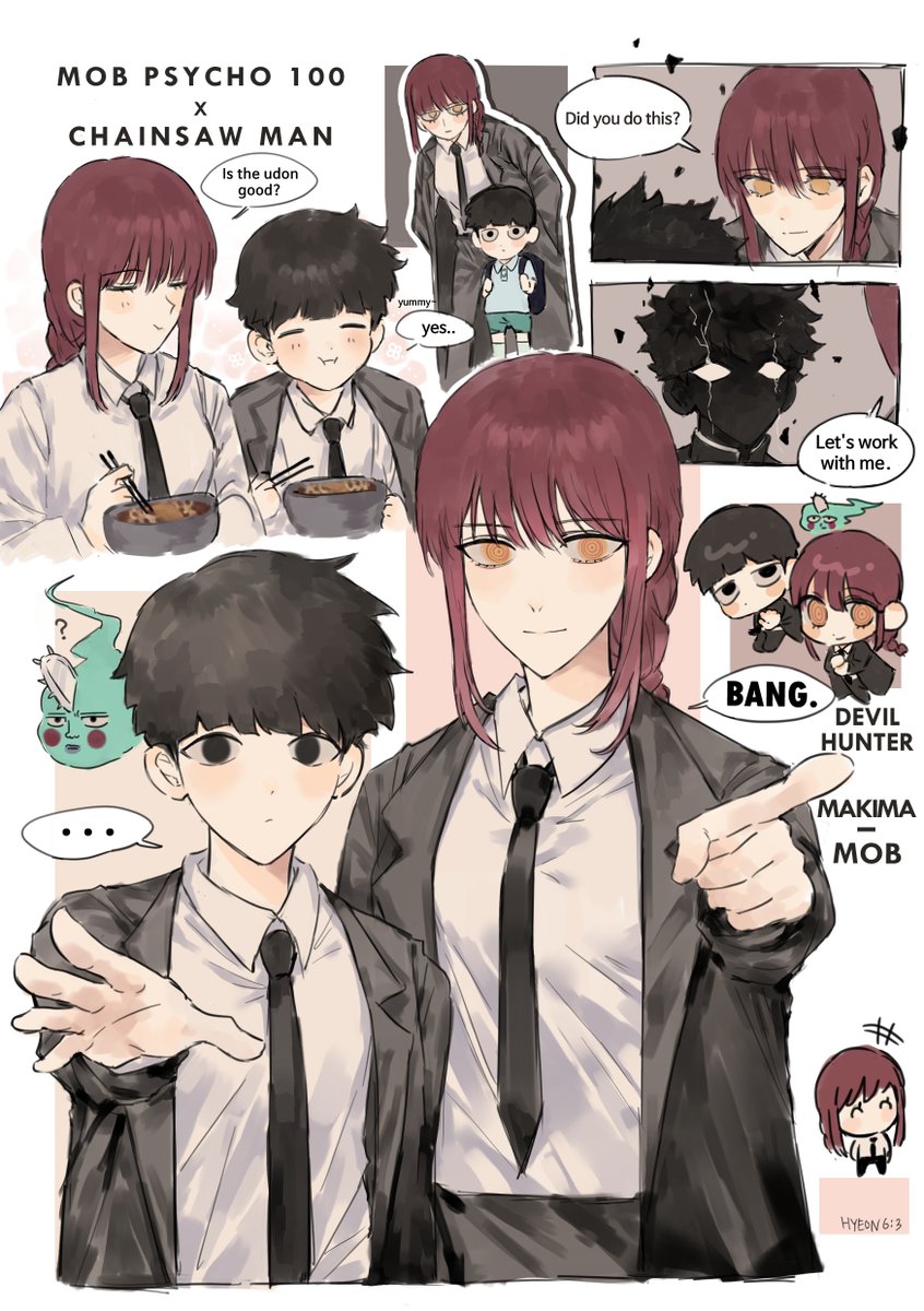makima, kageyama shigeo, and ekubo (chainsaw man and 1 more) drawn by hyeon_0613