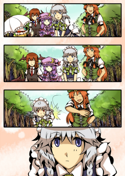flandre scarlet, izayoi sakuya, patchouli knowledge, hong meiling, and koakuma (touhou) drawn by yagimiwa