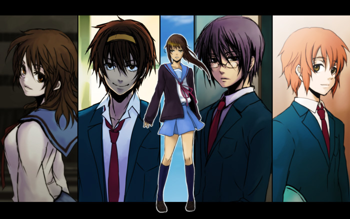 kyonko, koizumi itsuki, suzumiya haruhiko, nagato yuuki, and asahina mitsuru (suzumiya haruhi no yuuutsu)