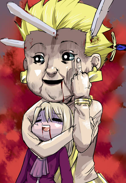 illyasviel von einzbern, gilgamesh, and kewpie doll (fate and 1 more) drawn by raino