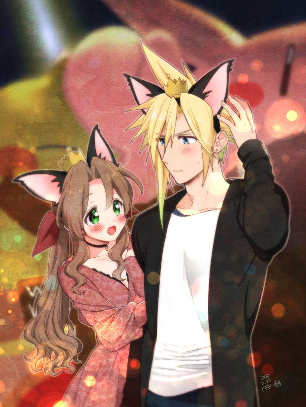 cloud strife, aerith gainsborough, moogle, and cait sith (final fantasy and 2 more) drawn by krudears