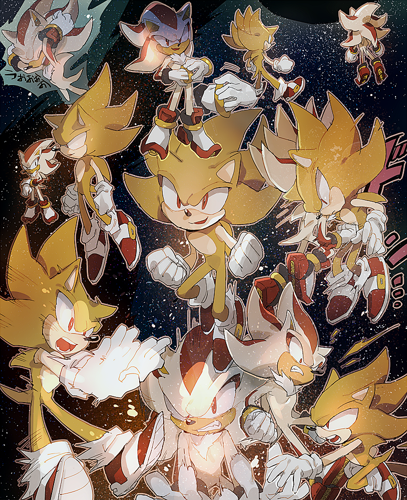sonic the hedgehog, shadow the hedgehog, super sonic, and super shadow (sonic and 2 more) drawn by aoki_(fumomo)