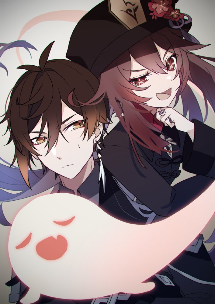 hu tao, zhongli, and boo tao (genshin impact) drawn by kirisame_(fukahire_oukoku)