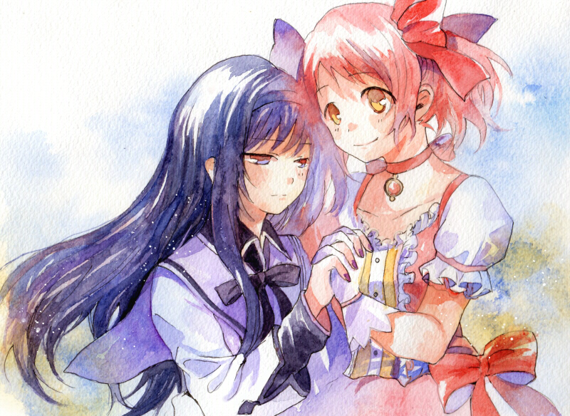 akemi homura and kaname madoka (mahou shoujo madoka magica) drawn by kurari_(isolation)