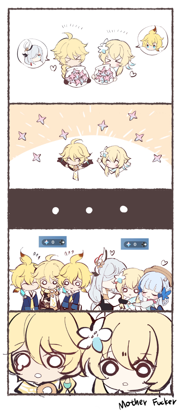 lumine, aether, kamisato ayaka, shenhe, and mika (genshin impact) drawn by tirlleneill