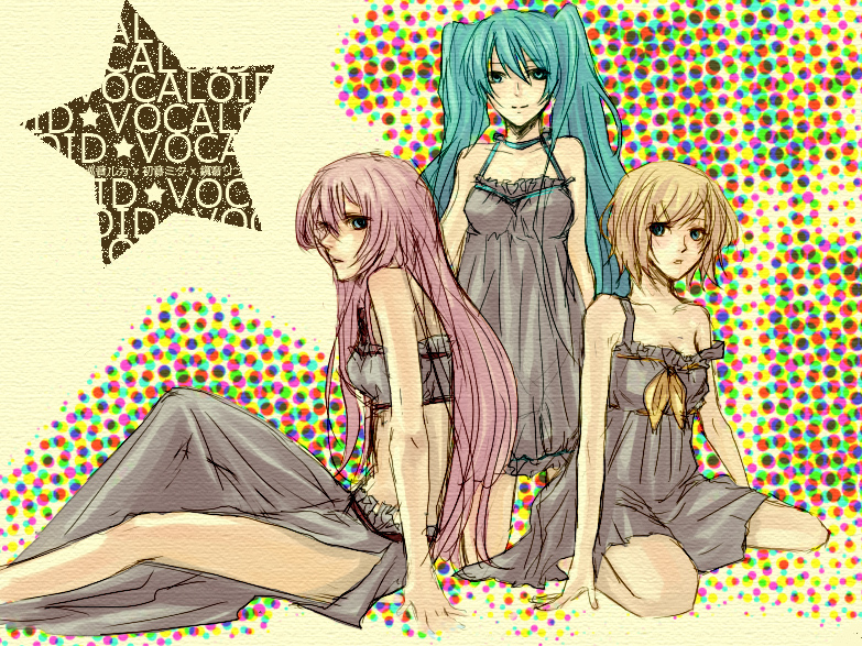 hatsune miku, kagamine rin, and megurine luka (vocaloid) drawn by monzuki