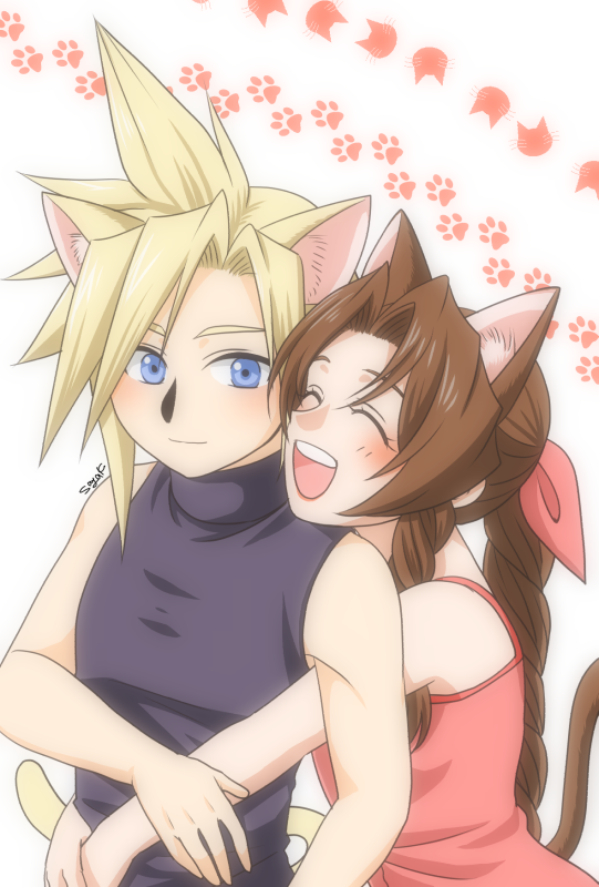 cloud strife and aerith gainsborough (final fantasy and 1 more) drawn by kirishima_saya