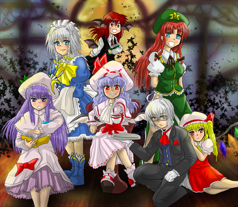 remilia scarlet, flandre scarlet, izayoi sakuya, patchouli knowledge, hong meiling, and 2 more (touhou) drawn by enokuma_uuta