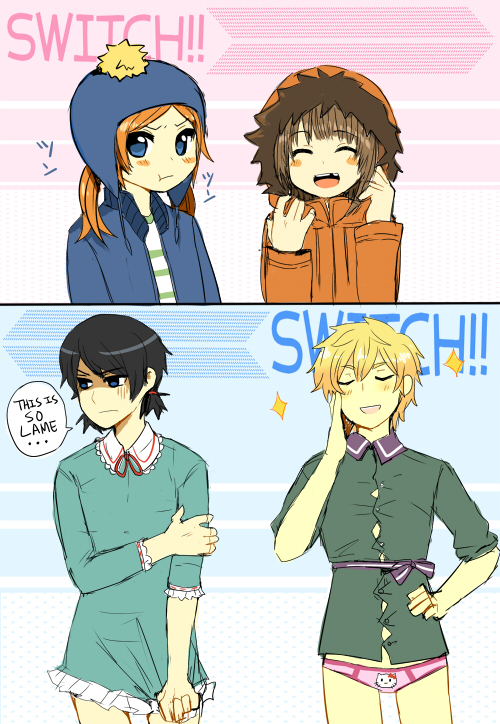 hello kitty, kenny mccormick, craig tucker, karen mccormick, and tricia tucker (sanrio and 2 more) drawn by kataro