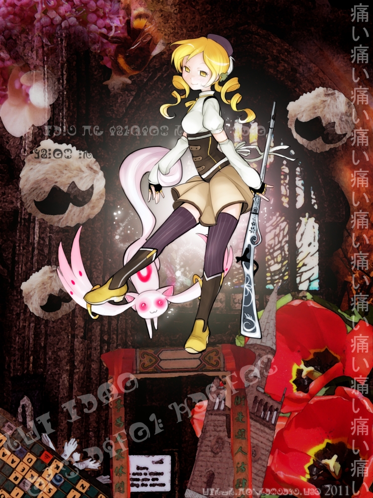 tomoe mami, kyubey, and anthony (mahou shoujo madoka magica) drawn by khibz