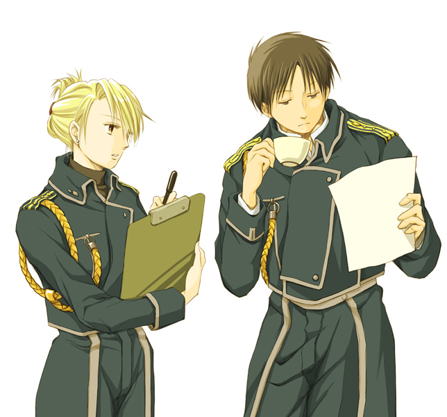 riza hawkeye and roy mustang (fullmetal alchemist) drawn by 281_(yo)