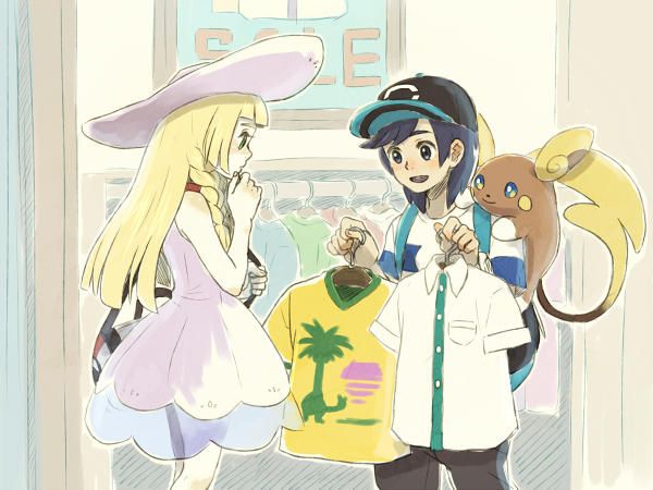 lillie, elio, and alolan raichu (pokemon and 1 more) drawn by kutta