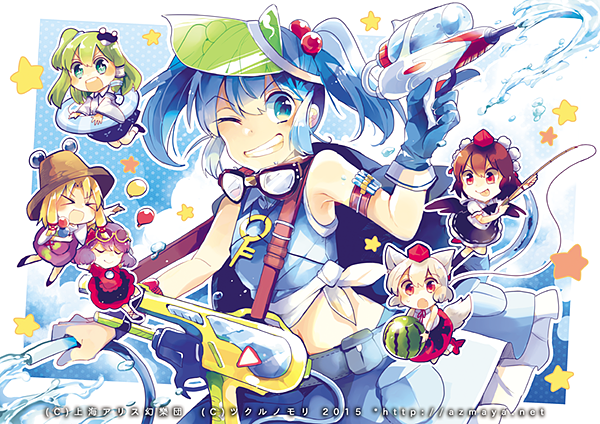 kochiya sanae, shameimaru aya, inubashiri momiji, moriya suwako, kawashiro nitori, and 1 more (touhou and 1 more) drawn by azuma_aya