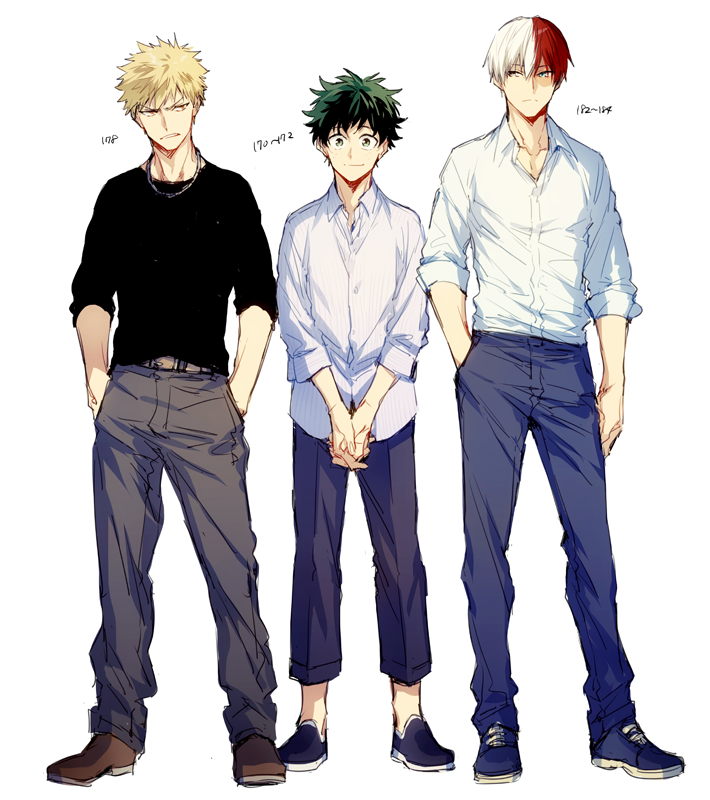 midoriya izuku, bakugou katsuki, and todoroki shoto (boku no hero academia) drawn by hegi