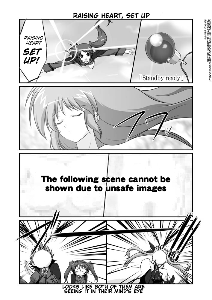 fate testarossa, takamachi nanoha, raising heart, subaru nakajima, and teana lanster (lyrical nanoha and 1 more) drawn by mikage_takashi