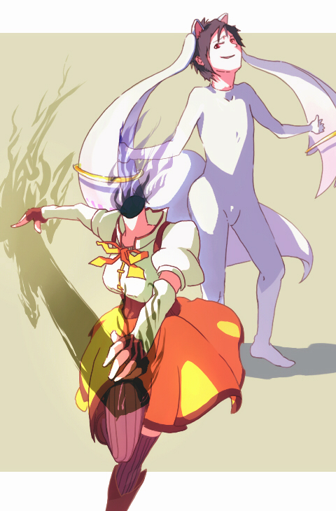 tomoe mami, kyubey, orihara izaya, and celty sturluson (mahou shoujo madoka magica and 1 more) drawn by heriki_(trkj)
