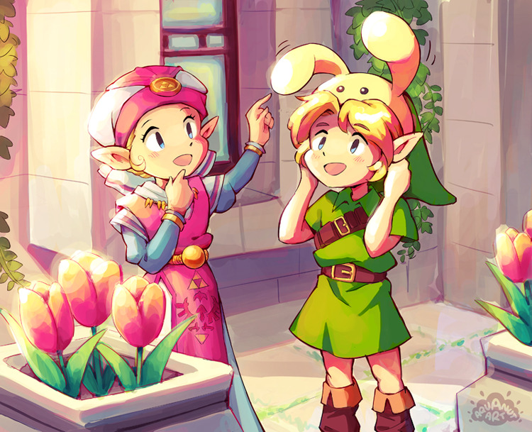 link, princess zelda, young link, and young zelda (the legend of zelda and 1 more) drawn by aquanut