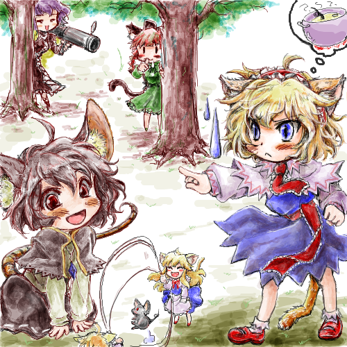 alice margatroid, kaenbyou rin, nazrin, hijiri byakuren, and shanghai doll (touhou) drawn by nanashii_(soregasisan)