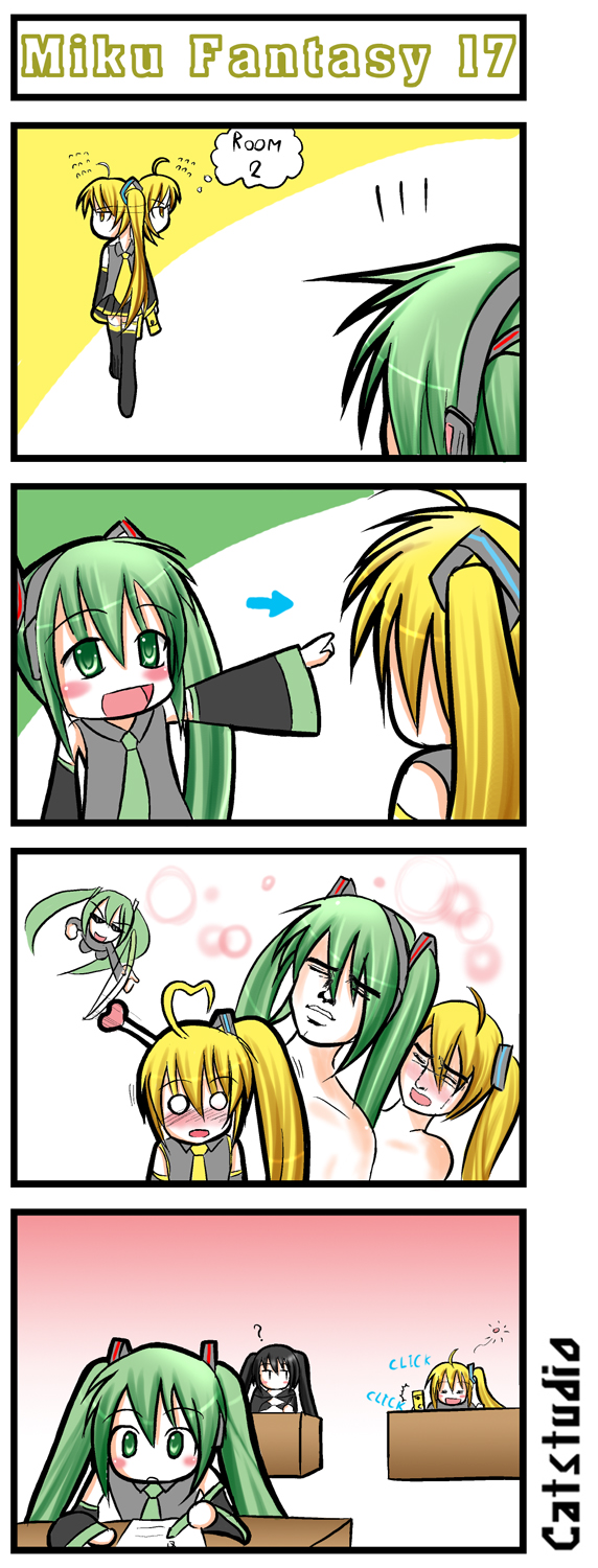 hatsune miku, black rock shooter, akita neru, and abe takakazu (vocaloid and 2 more) drawn by catstudioinc_(punepuni)