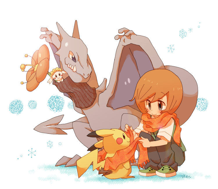 pikachu, aerodactyl, flabebe, and trevor (pokemon and 1 more) drawn by piisuke_(ebiko)