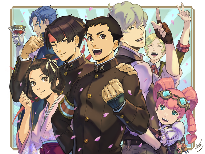 ryunosuke naruhodo, kazuma asogi, barok van zieks, herlock sholmes, susato mikotoba, and 2 more (ace attorney and 1 more) drawn by nuri_kazuya