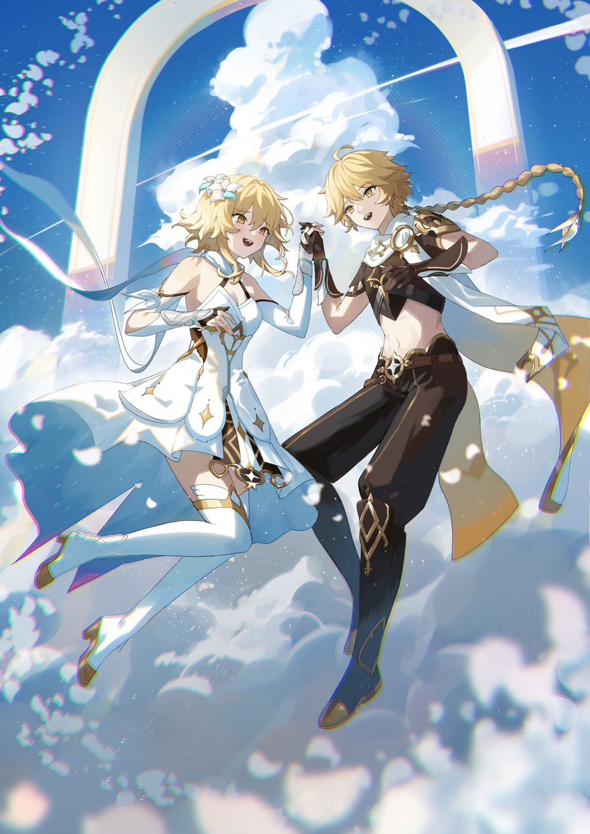 lumine and aether (genshin impact) drawn by krin_(krinnin)