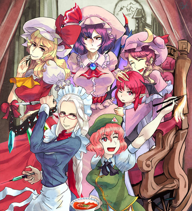 remilia scarlet, flandre scarlet, izayoi sakuya, patchouli knowledge, yakumo yukari, and 6 more (touhou) drawn by oo_gata_ken