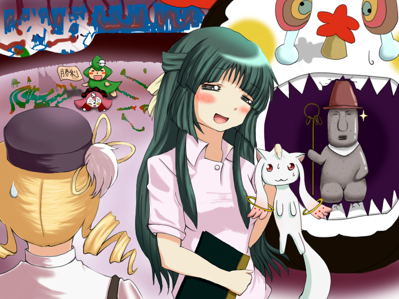 tomoe mami, kyubey, charlotte, ume-sensei, and yoshinoya (mahou shoujo madoka magica and 1 more) drawn by nukonu-ko