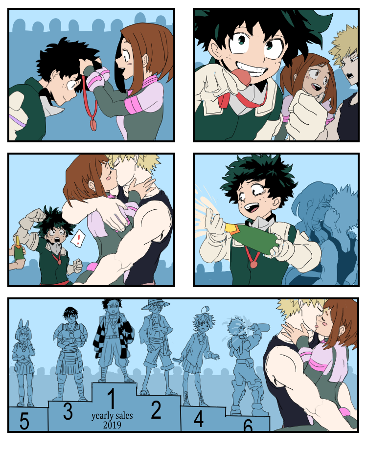 monkey d. luffy, midoriya izuku, uraraka ochaco, bakugou katsuki, nakano yotsuba, and 3 more (one piece and 5 more) drawn by drawfag