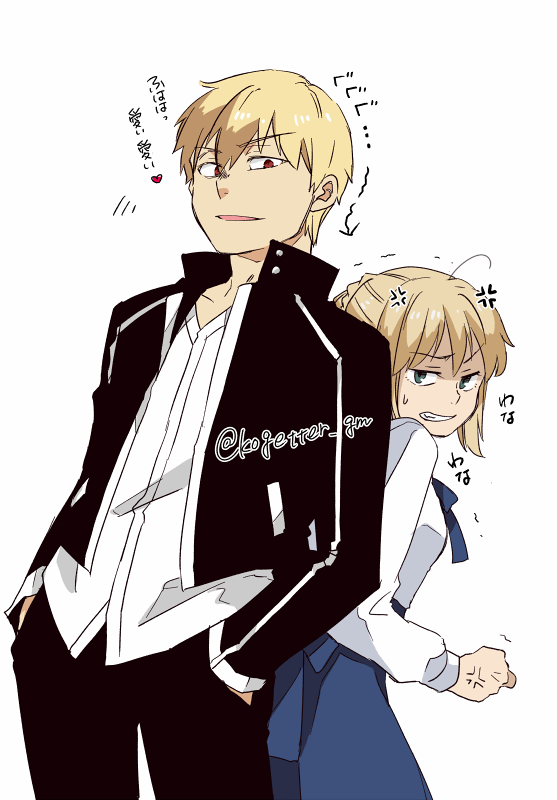 artoria pendragon, saber, and gilgamesh (fate and 1 more) drawn by moonlight_0423