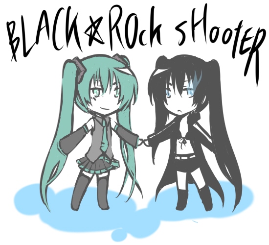 hatsune miku and black rock shooter (vocaloid and 1 more) drawn by amamosu