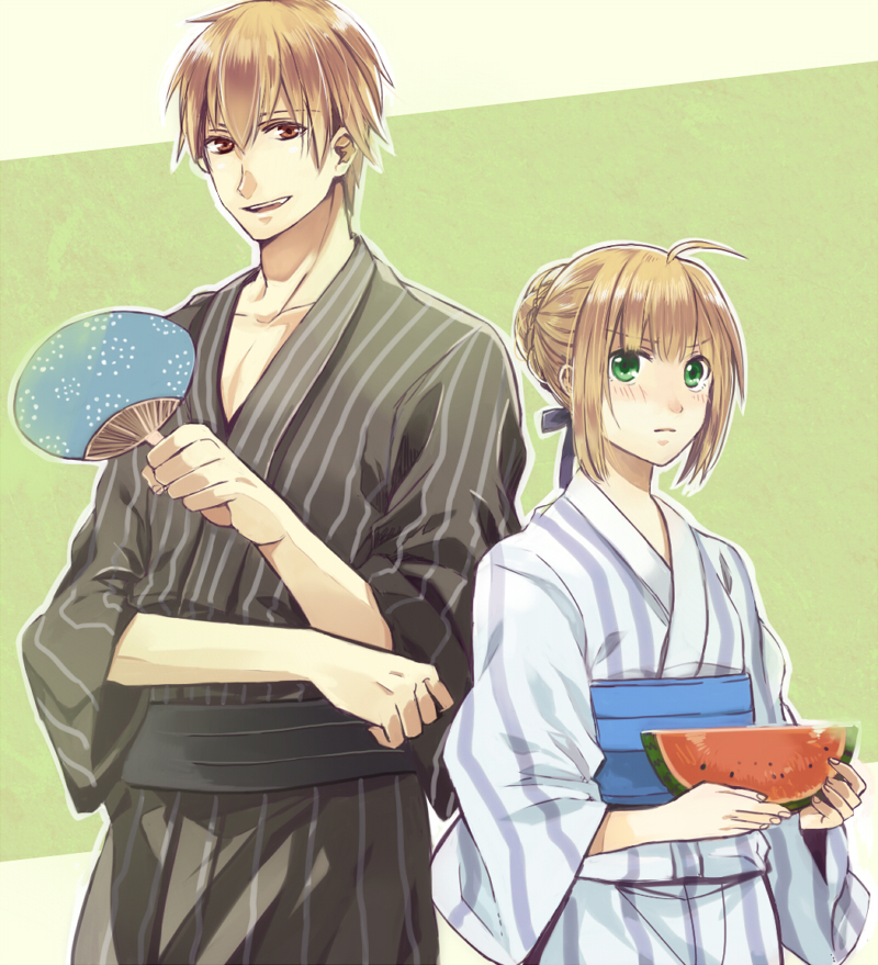 artoria pendragon, saber, and gilgamesh (fate and 1 more) drawn by machi_(machiruda)