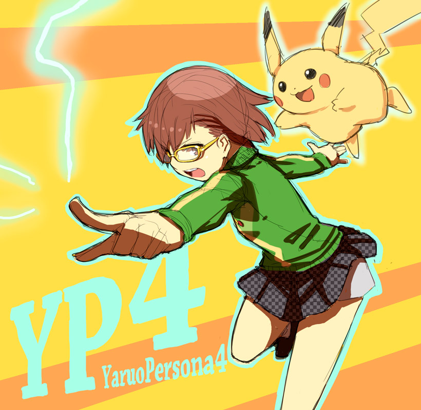 pikachu, misaka mikoto, and satonaka chie (pokemon and 4 more) drawn by yu_65026
