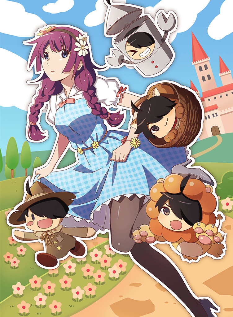 senjougahara hitagi, araragi koyomi, dorothy gale, tin man, scarecrow, and 1 more (monogatari and 2 more) drawn by watanabe_akio