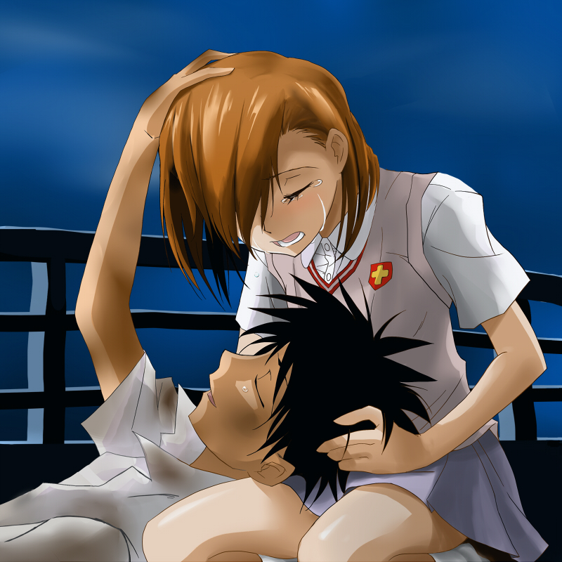 misaka mikoto and kamijou touma (toaru majutsu no index and 1 more) drawn by nou_kitsune