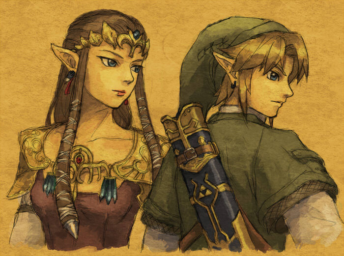 link and princess zelda (the legend of zelda and 1 more) drawn by xi