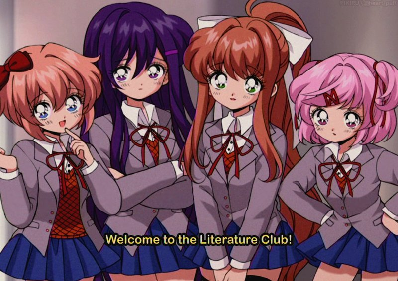 monika, natsuki, yuri, and sayori (doki doki literature club) drawn by pikiru