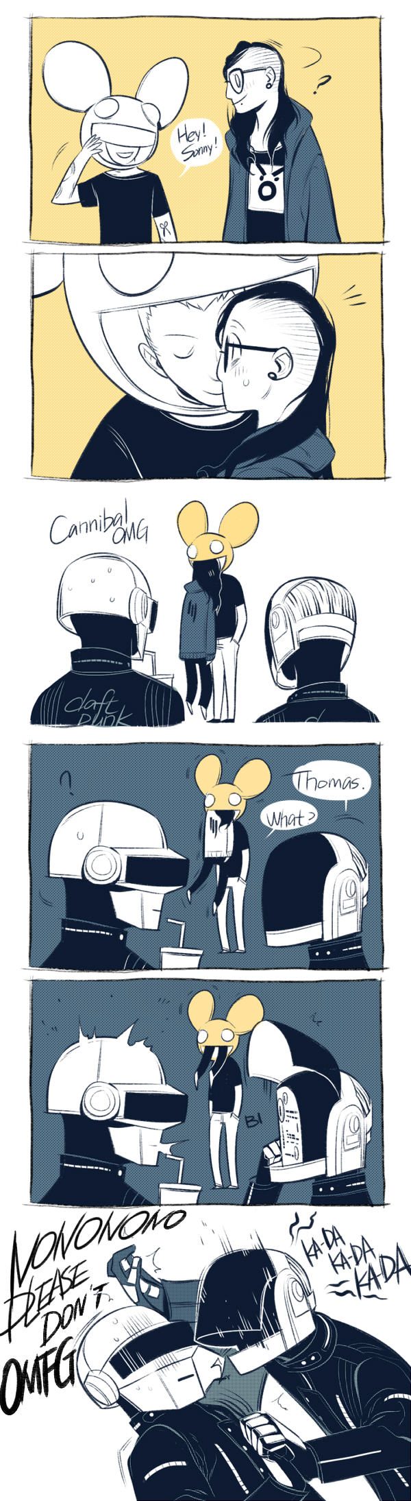 thomas bangalter, guy-manuel de homem-christo, skrillex, and deadmau5 (daft punk) drawn by jotman