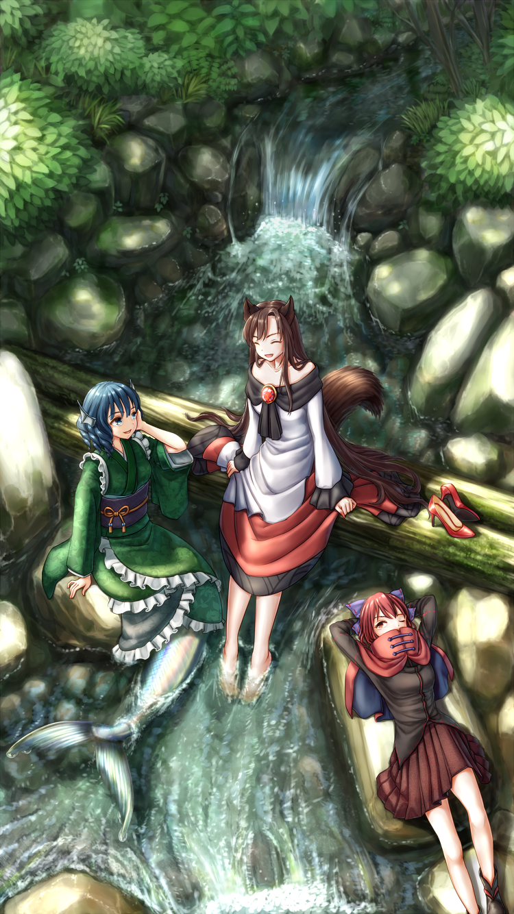 imaizumi kagerou, sekibanki, and wakasagihime (touhou) drawn by torinari_(dtvisu)