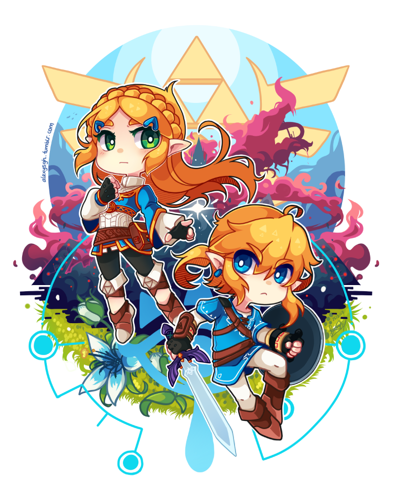 link and princess zelda (the legend of zelda and 1 more) drawn by sandragh