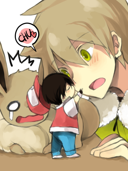 red, eevee, and blue oak (pokemon and 1 more) drawn by puddingx2
