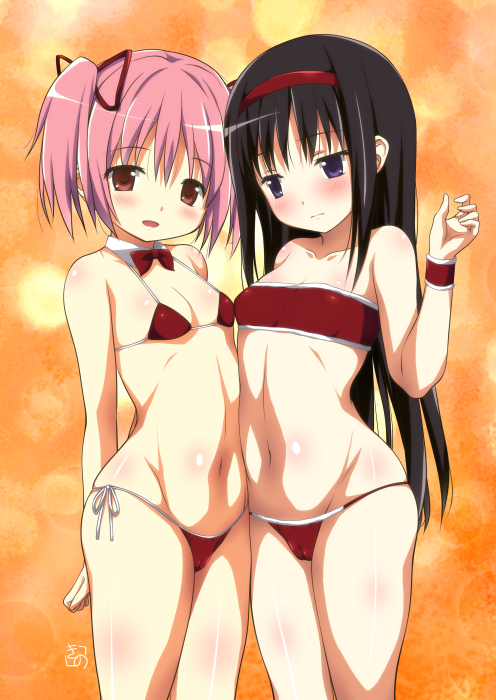 akemi homura and kaname madoka (mahou shoujo madoka magica) drawn by kinohara_hikaru