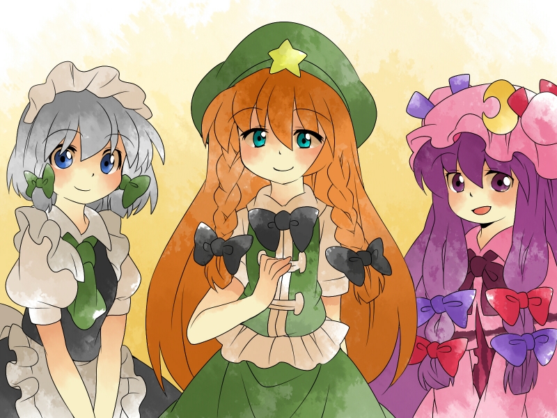 izayoi sakuya, patchouli knowledge, and hong meiling (touhou) drawn by hammer_(sunset_beach)