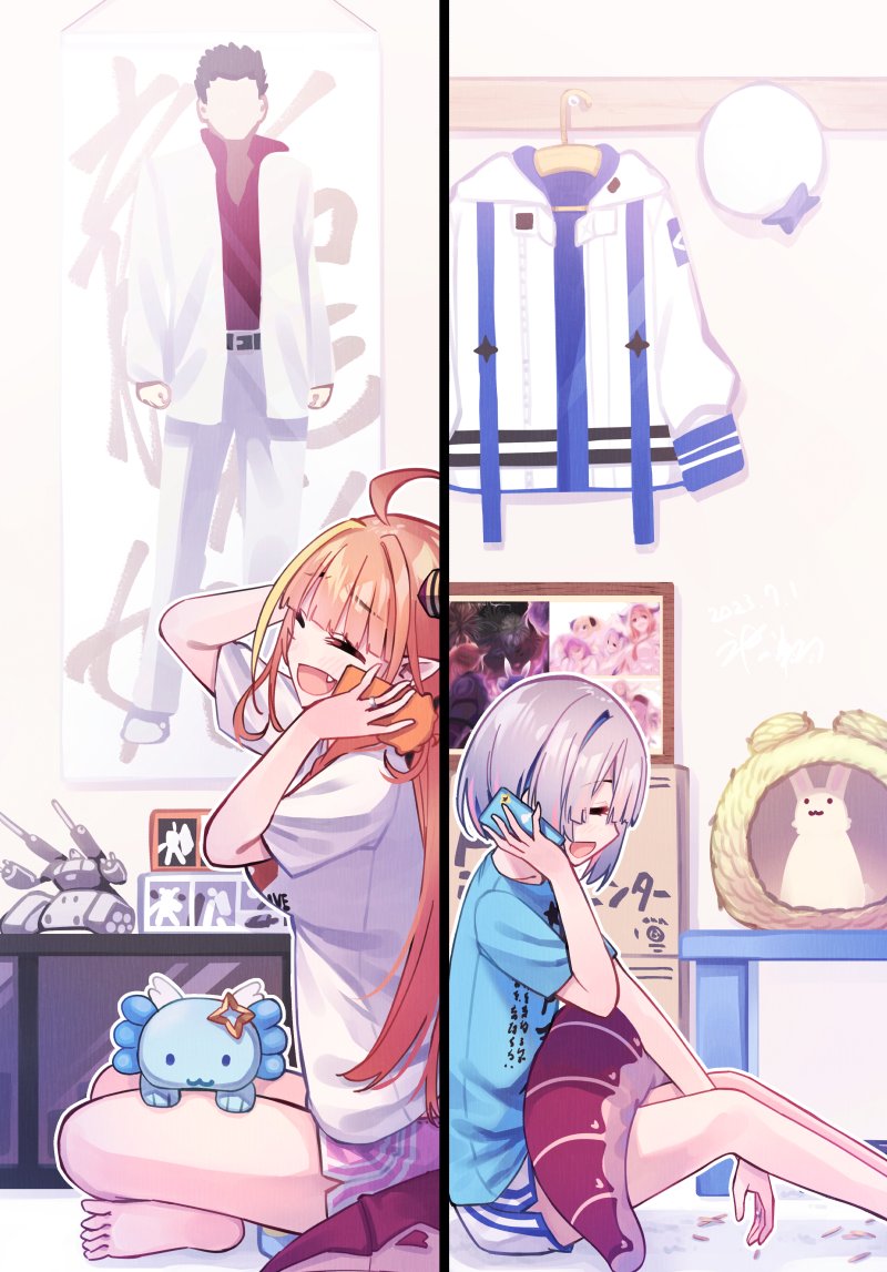 amane kanata, kiryu coco, kiryu kazuma, upao, and guntank (hololive and 3 more) drawn by hikawa_shou